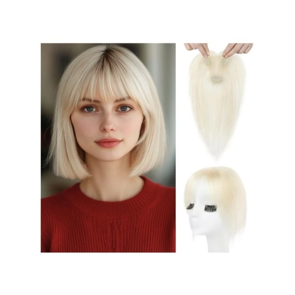 Real Human Hair Topper Bangs White Blonde 10" Hairpiece Clip In Soft Natural